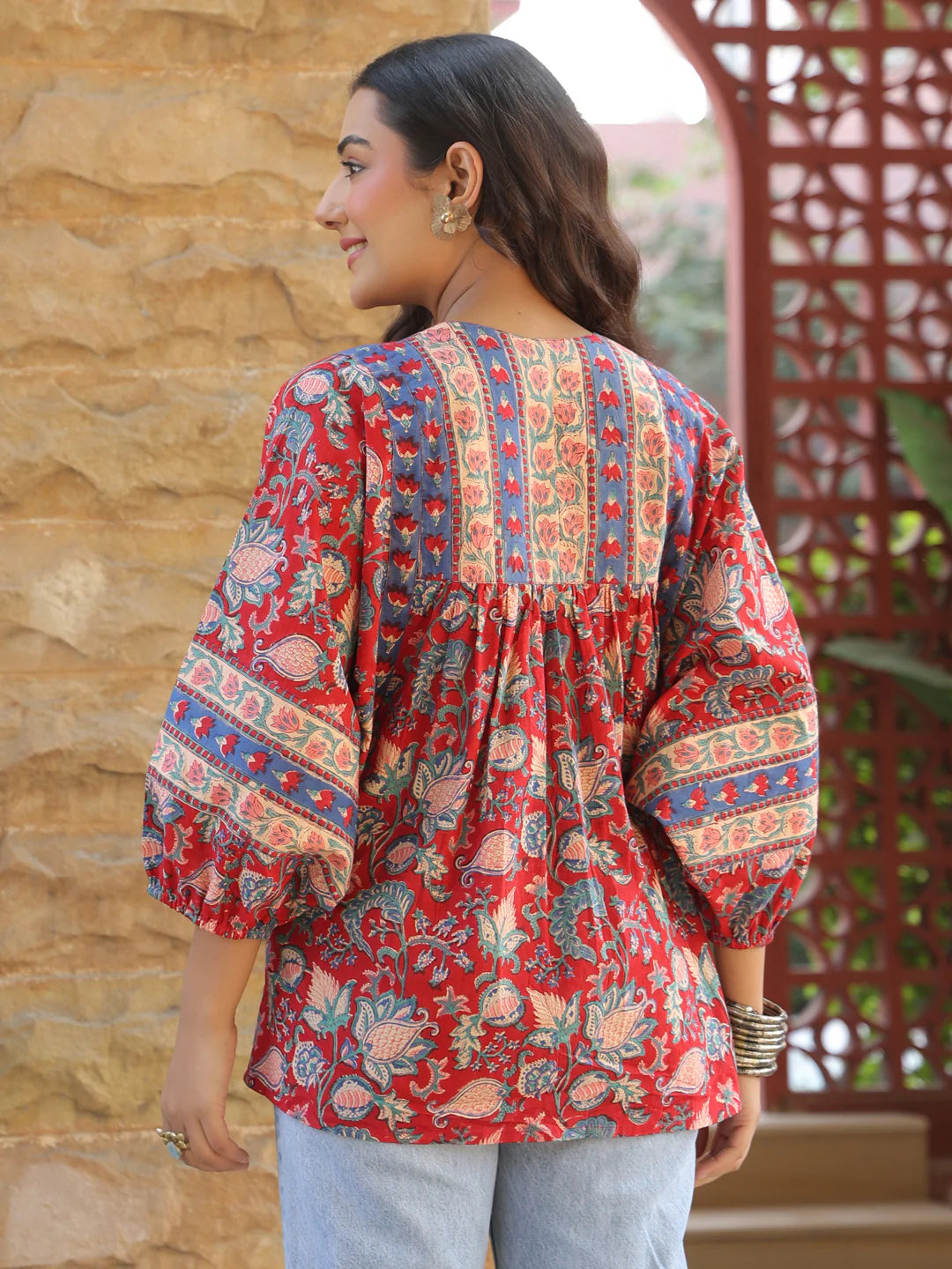 Red Handblock Printed Boho Volume Sleeved Top