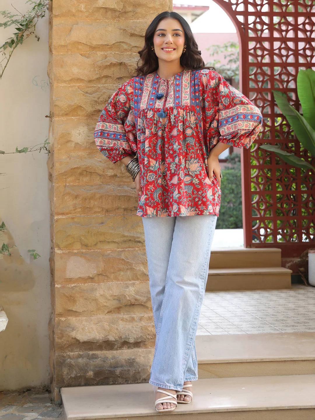 Red Handblock Printed Boho Volume Sleeved Top