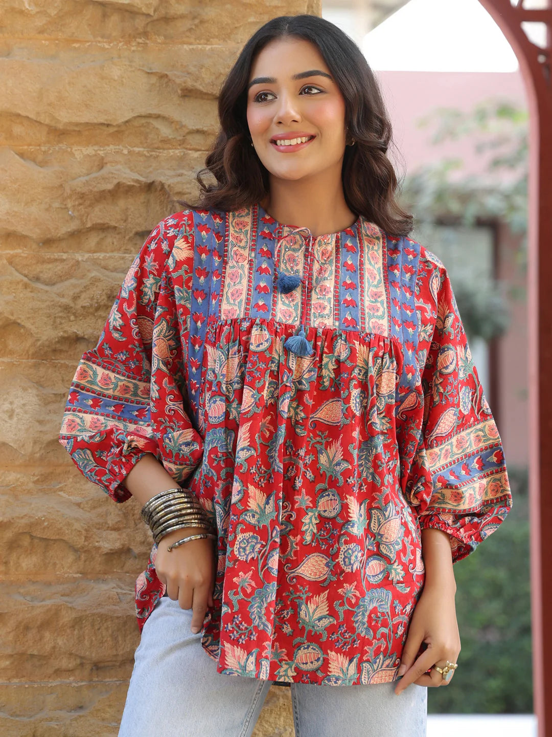 Red Handblock Printed Boho Volume Sleeved Top