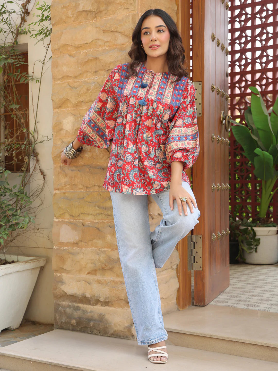 Red Handblock Printed Boho Volume Sleeved Top