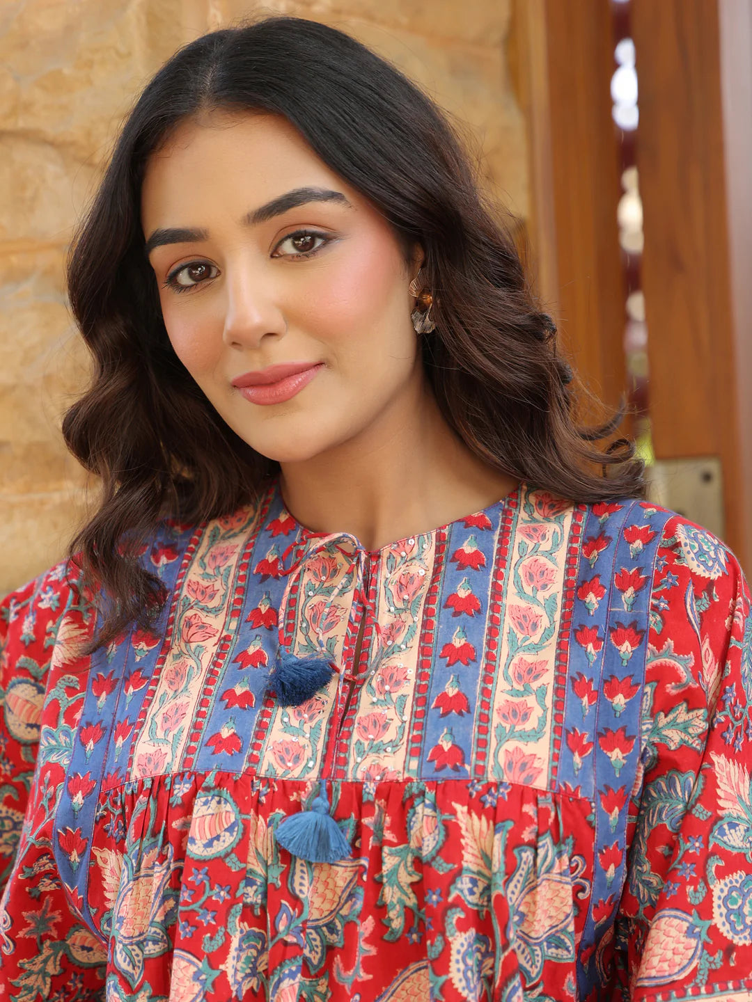 Red Handblock Printed Boho Volume Sleeved Top