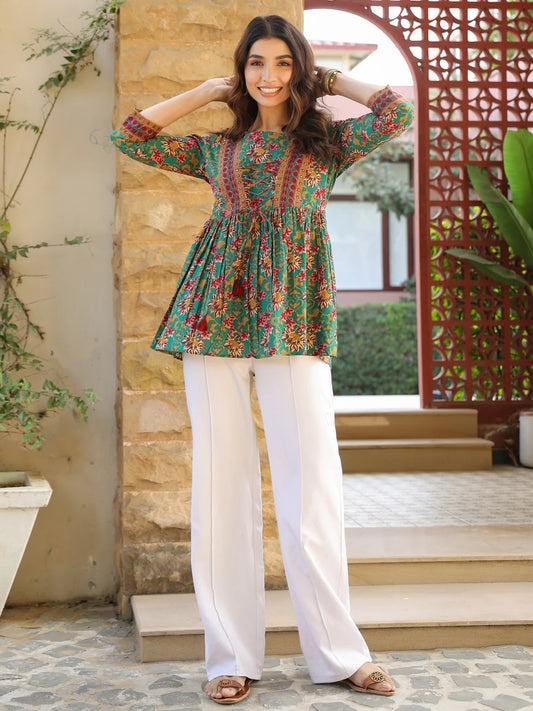 Green Ethnic Floral A-Line Top with Tie-Ups