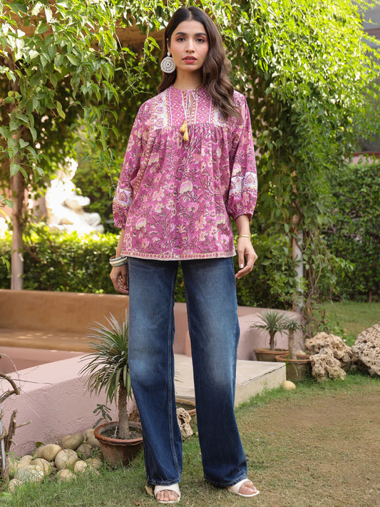Mauve Hand-block Printed Boho Volume Sleeved Top
