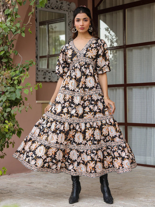 Black Floral Printed Tiered Flared Dress