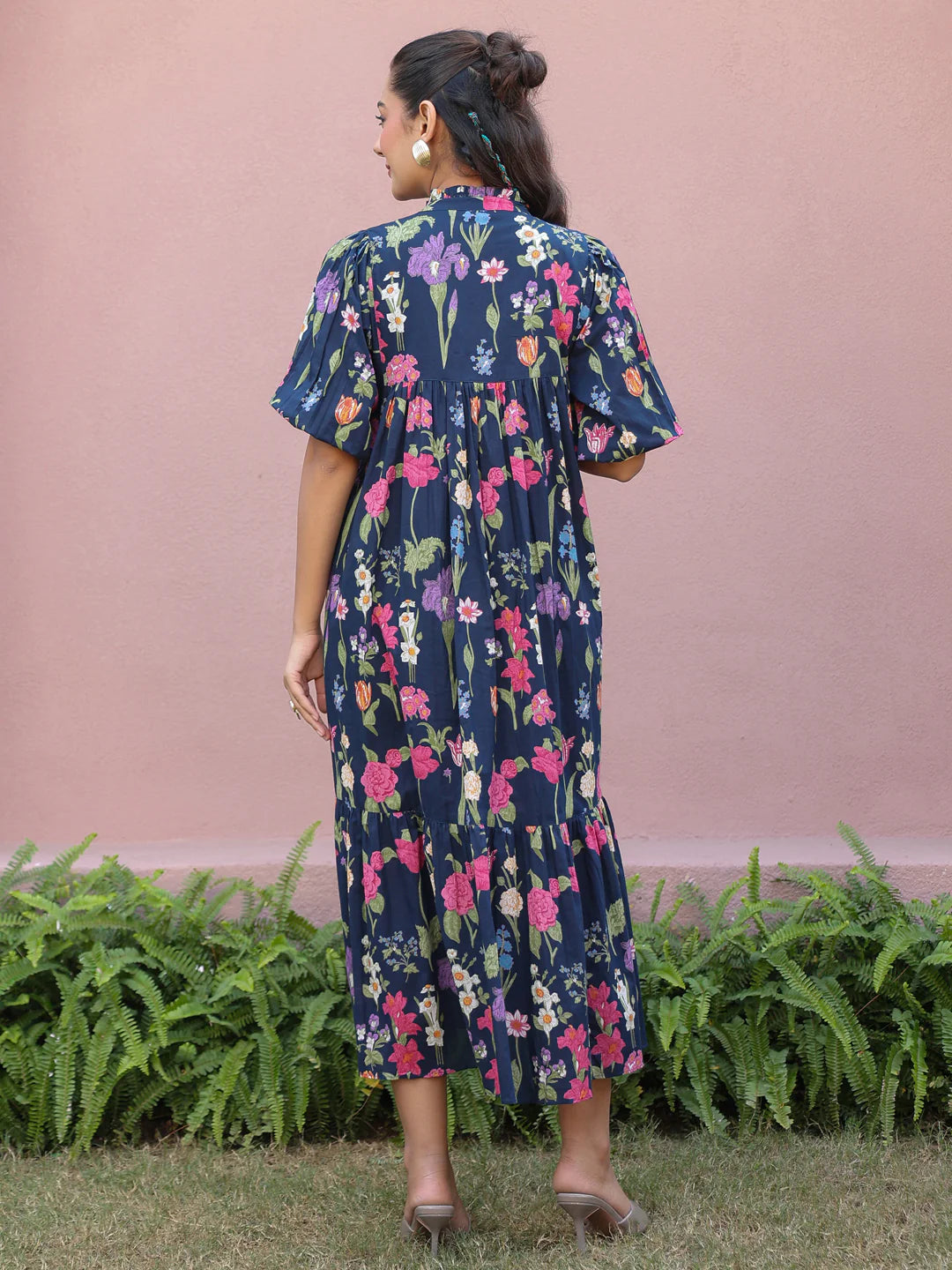 Navy Floral Printed Tiered Dress with Mandarin Collar