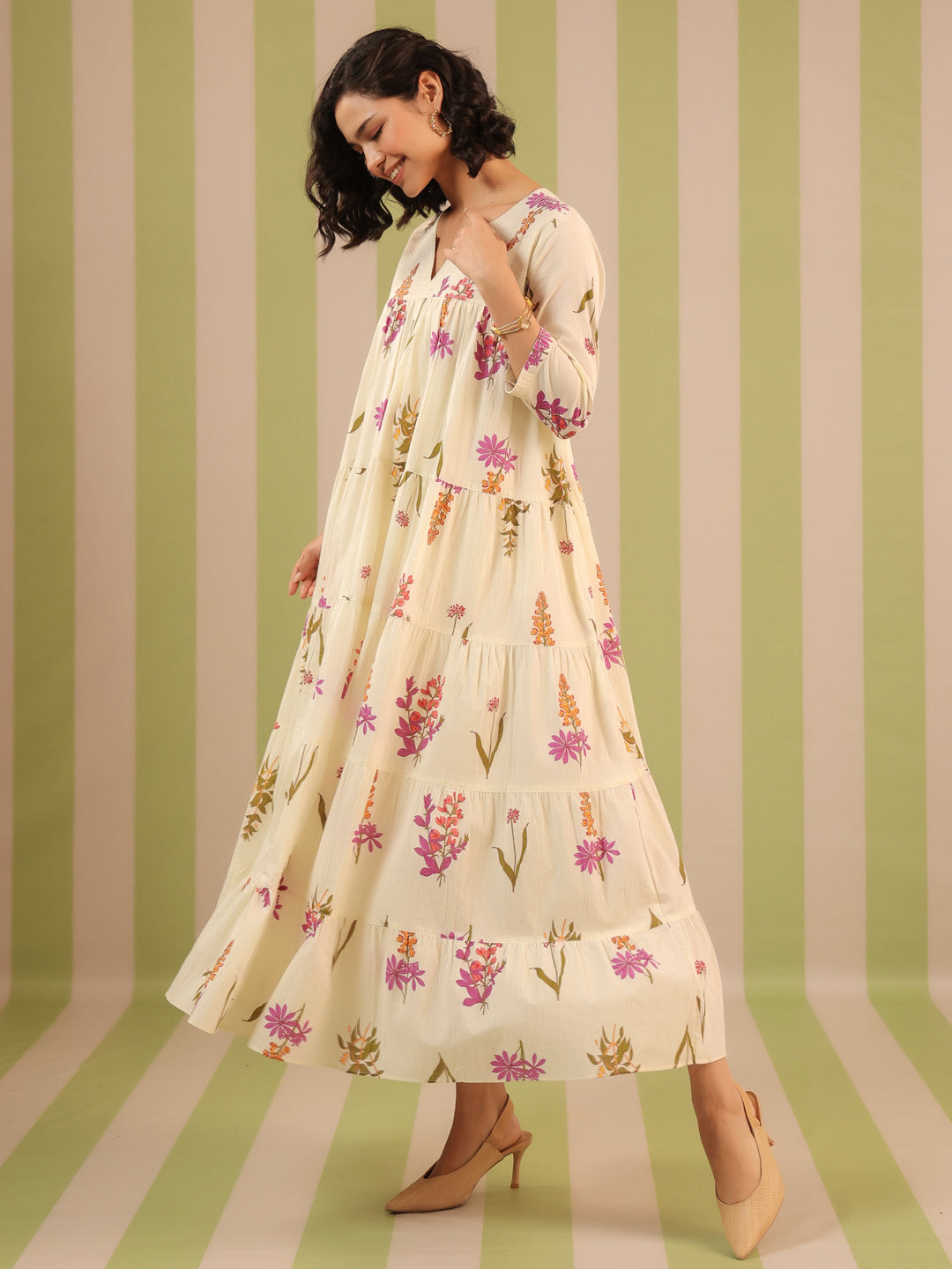 White & Purple Printed Flared Dress with Lining