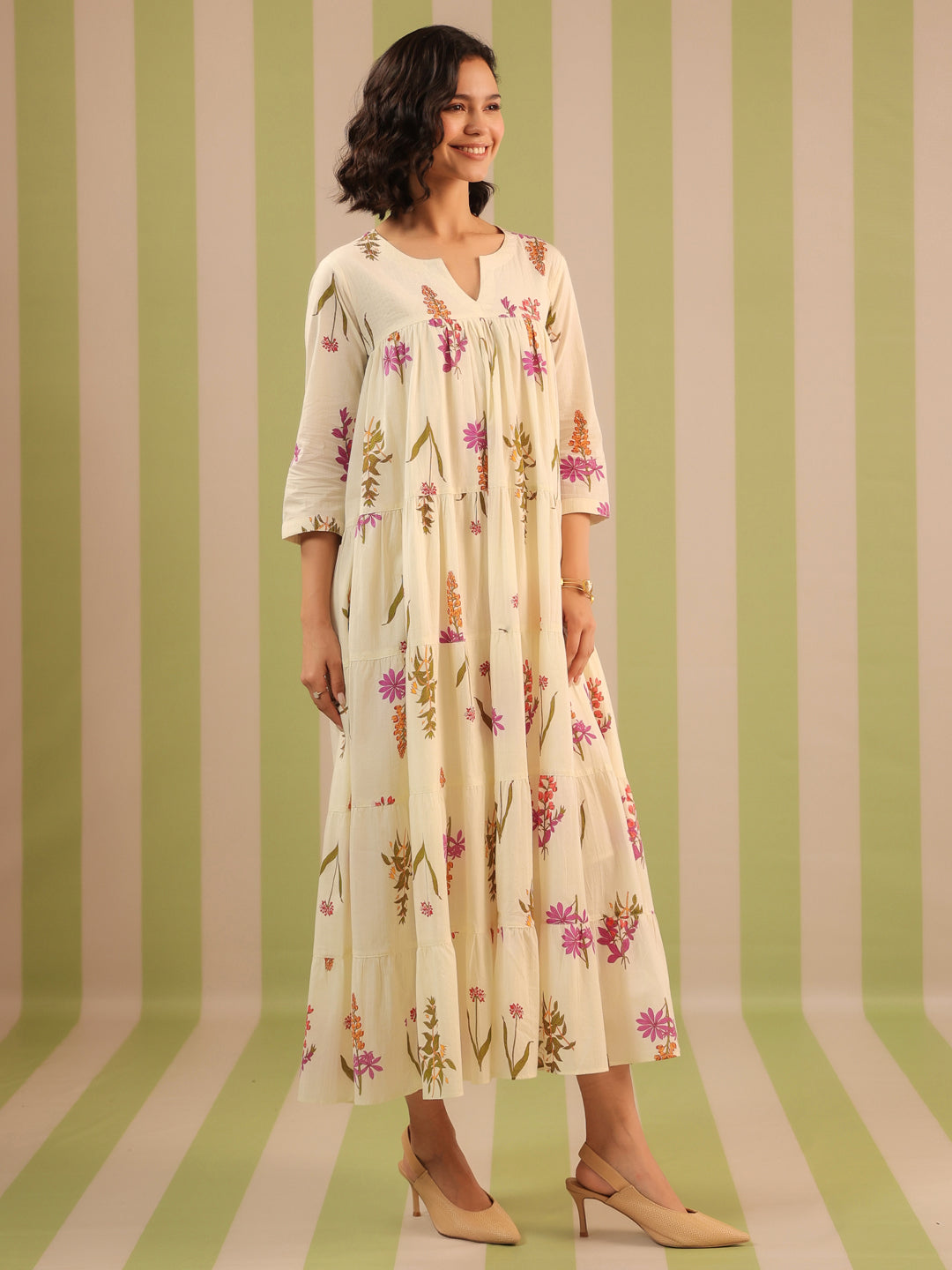 White & Purple Printed Flared Dress with Lining