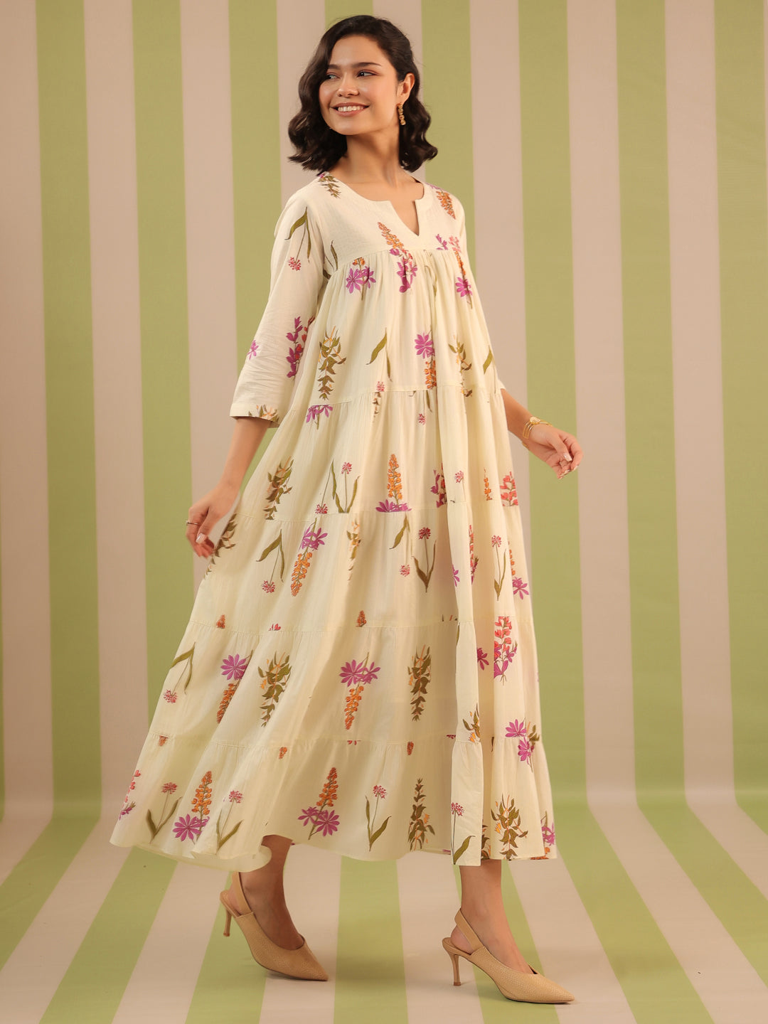 White & Purple Printed Flared Dress with Lining
