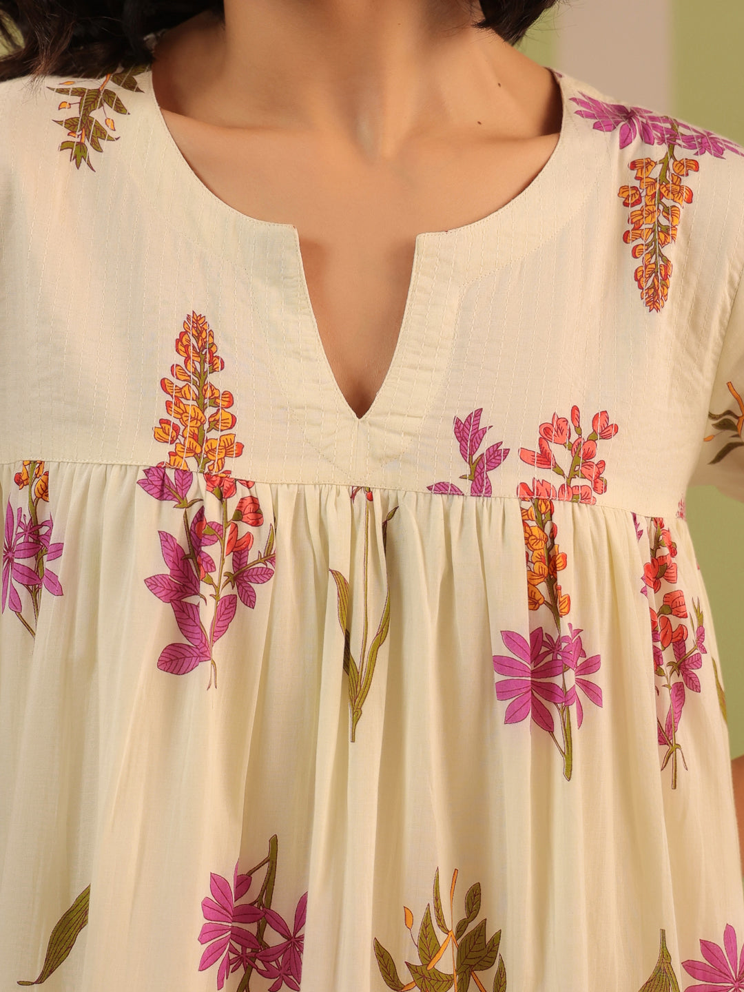 White & Purple Printed Flared Dress with Lining