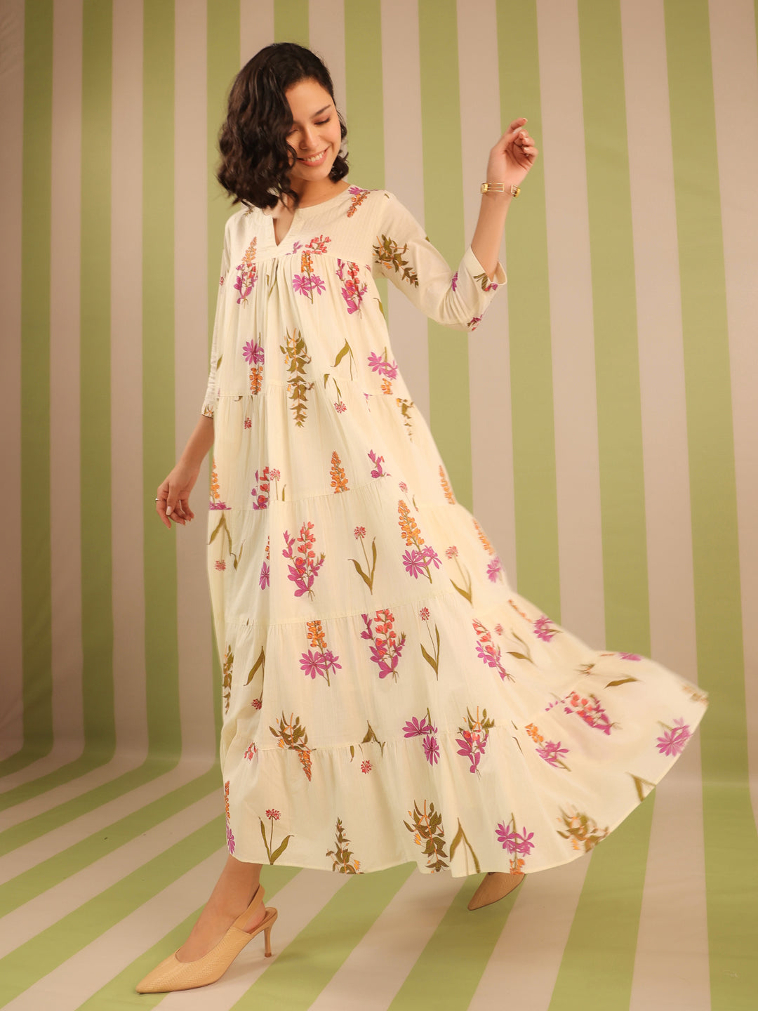White & Purple Printed Flared Dress with Lining