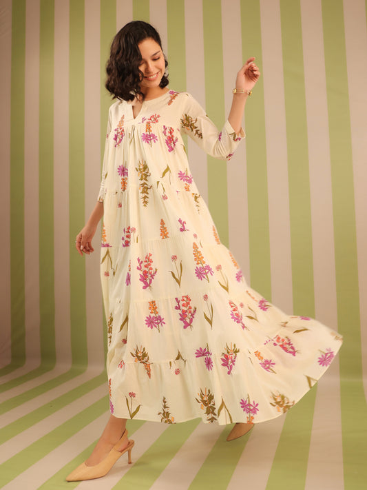 White & Purple Printed Flared Dress with Lining