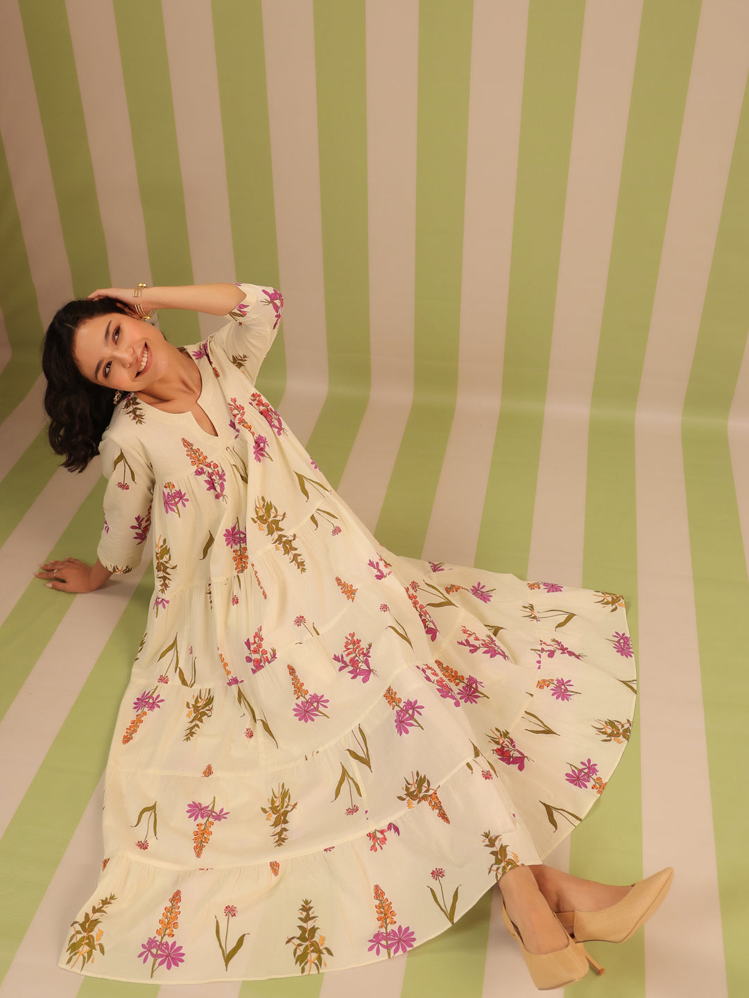 White & Purple Printed Flared Dress with Lining