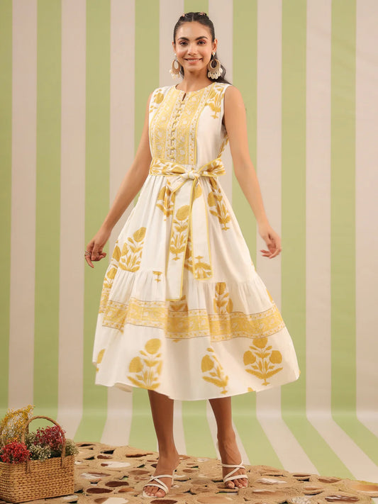 White & Yellow Sleeveless Maxi Dress with Belt and Pockets