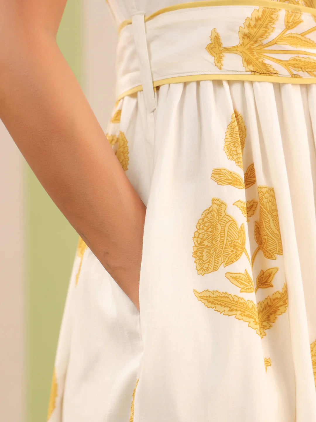 White & Yellow Sleeveless Maxi Dress with Belt and Pockets