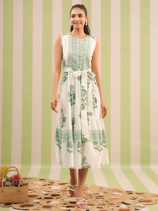 White & Green Sleeveless Maxi Dress with Belt and Pockets