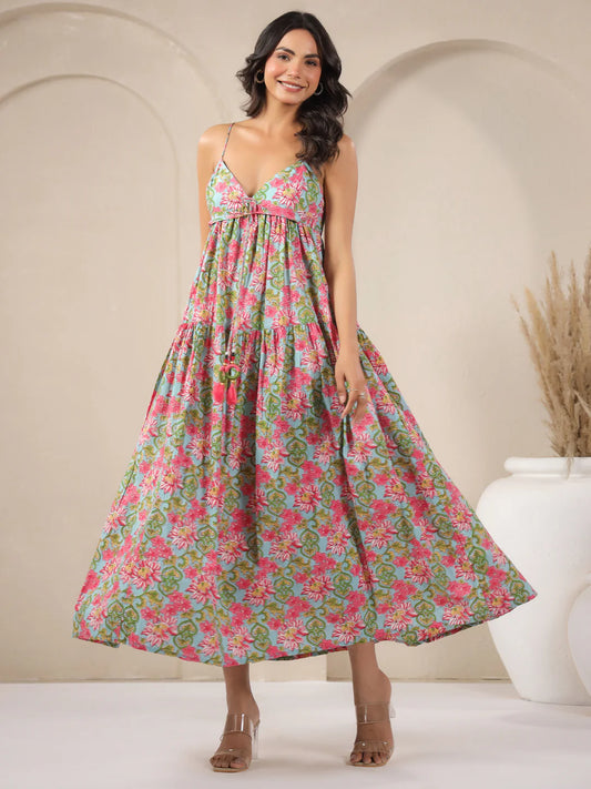 Ice-blue Beach Printed Cotton Dress