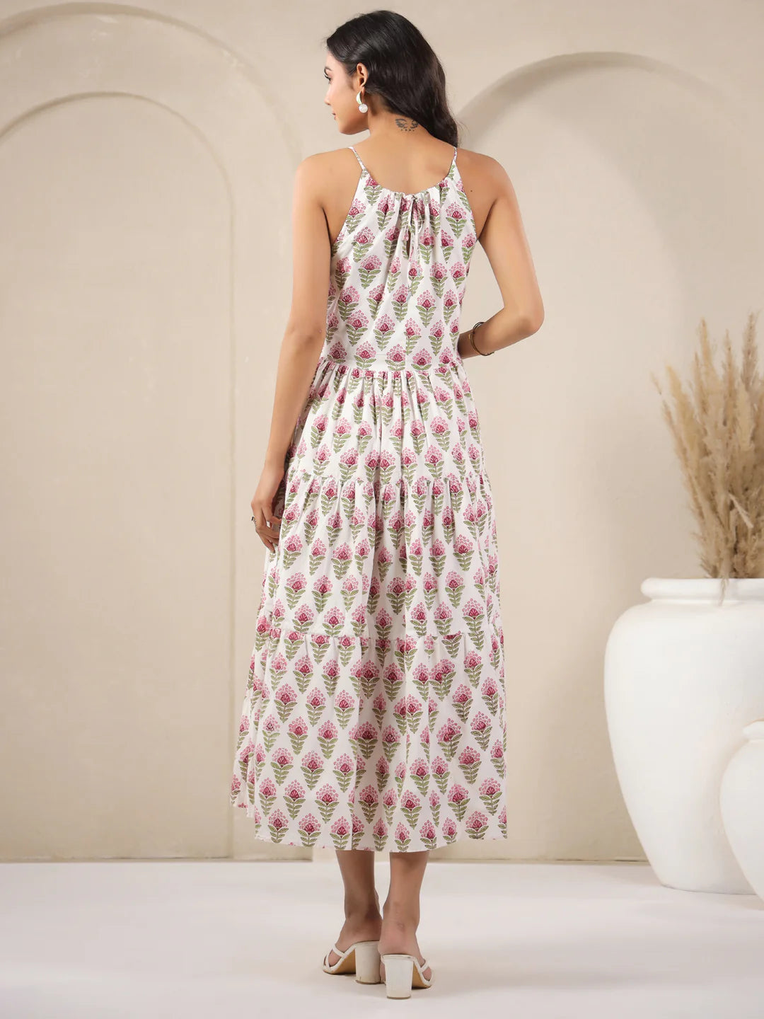 White Booti Handblock Printed Cotton Maxi Dress
