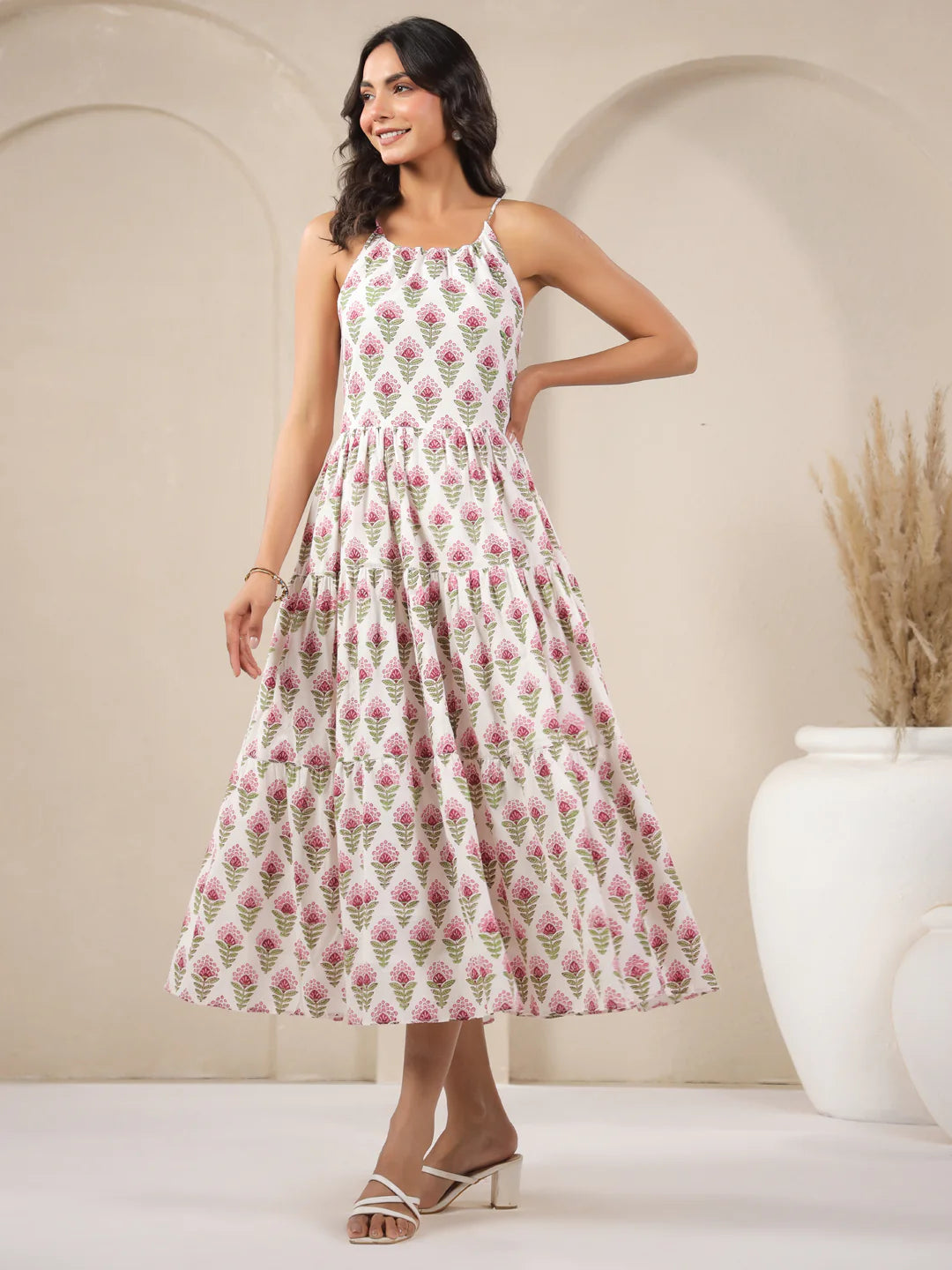 White Booti Handblock Printed Cotton Maxi Dress