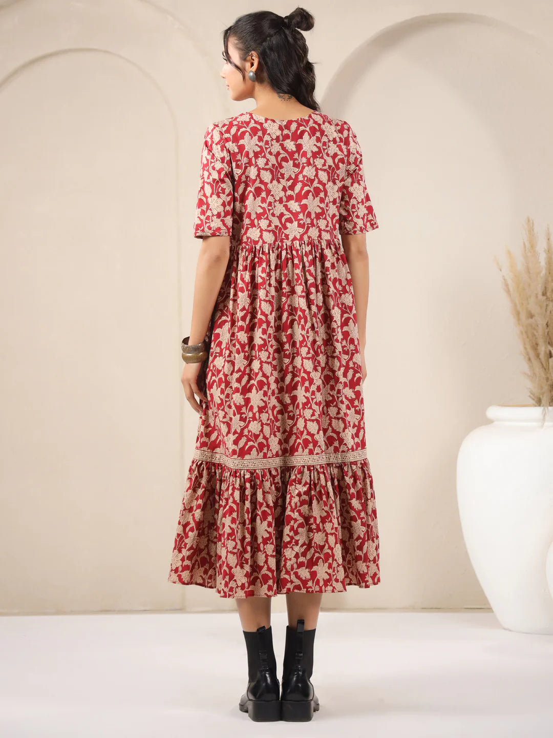 Red V-Neck Printed Cotton Dress