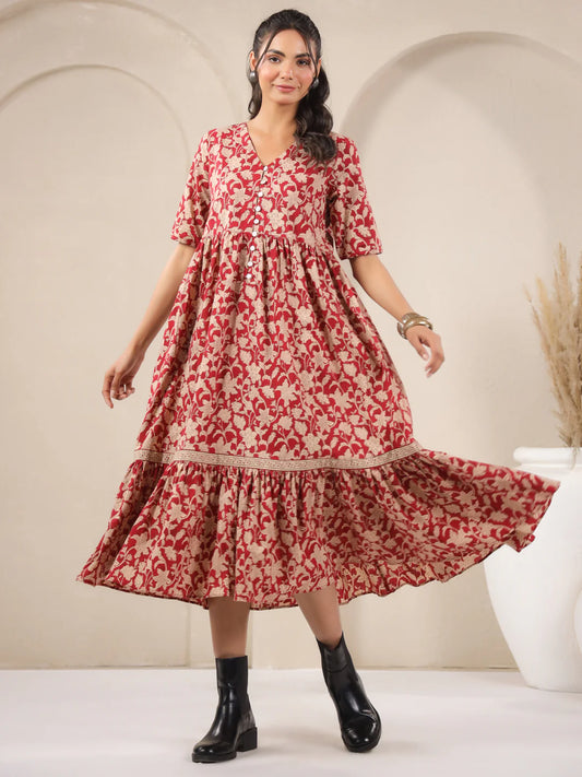 Red V-Neck Printed Cotton Dress
