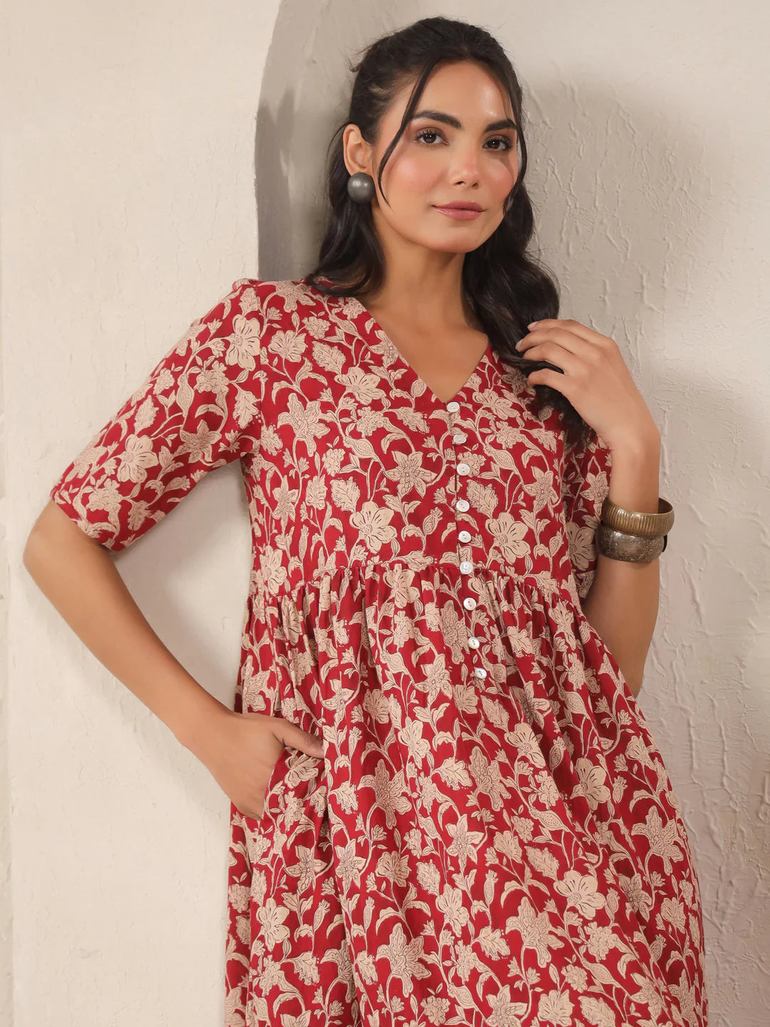 Red V-Neck Printed Cotton Dress