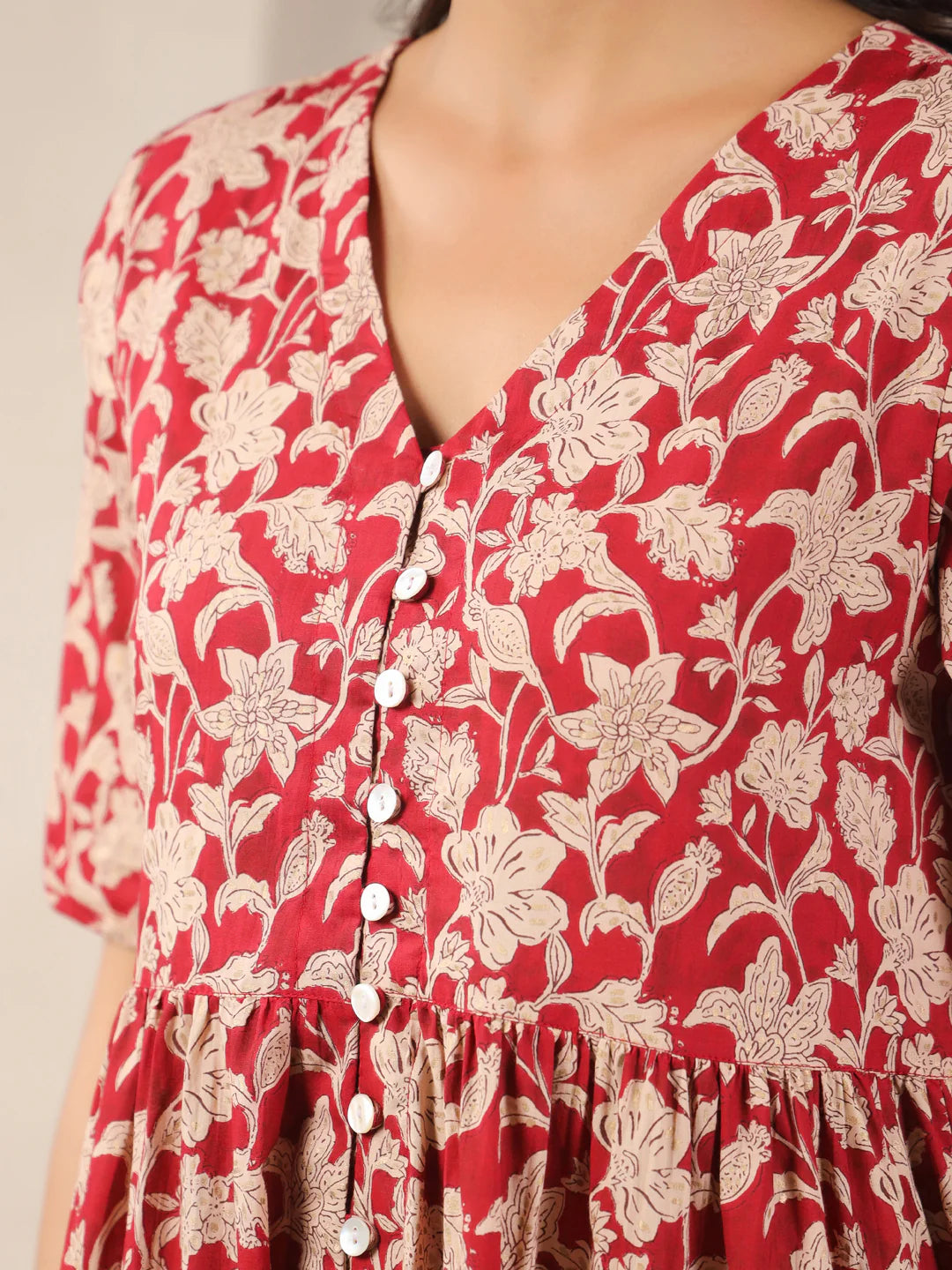 Red V-Neck Printed Cotton Dress