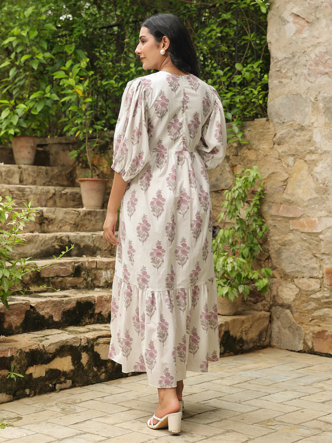 White Printed Cotton Maxi Dress with Three-Quarter Elasticated Sleeves