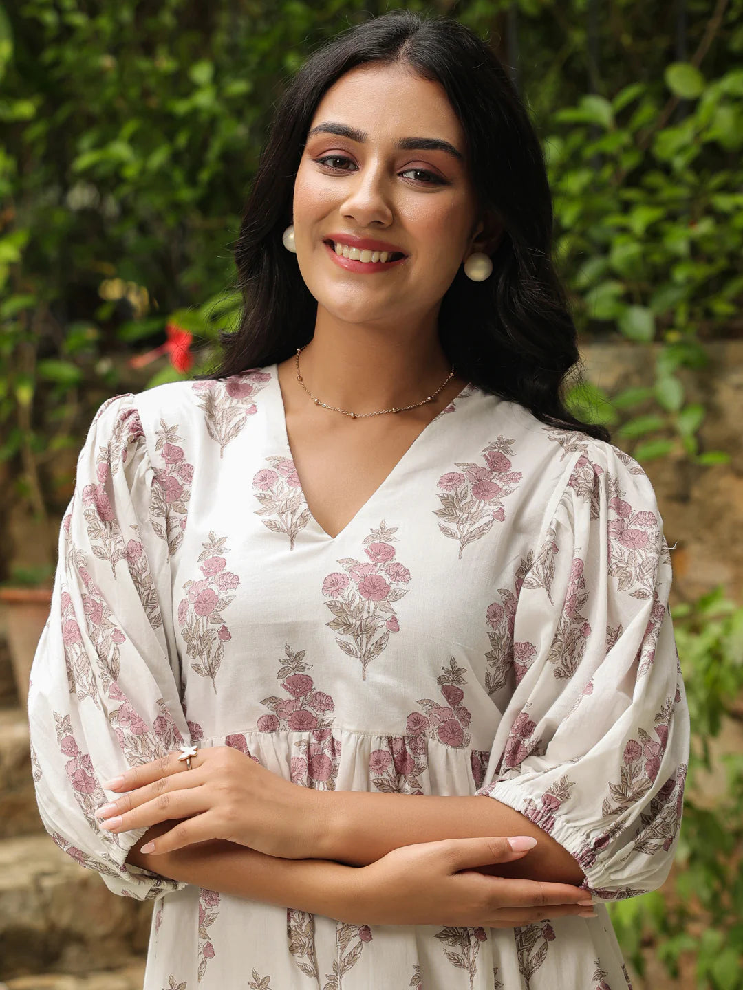 White Printed Cotton Maxi Dress with Three-Quarter Elasticated Sleeves