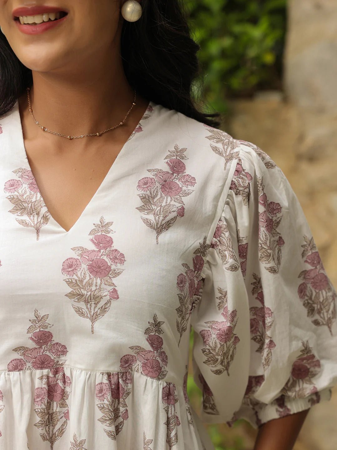 White Printed Cotton Maxi Dress with Three-Quarter Elasticated Sleeves