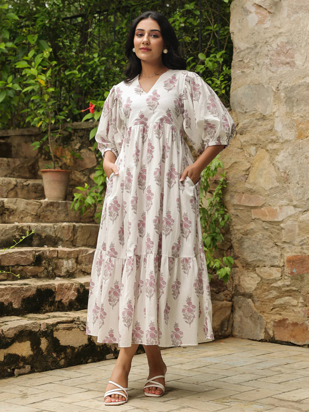 White Printed Cotton Maxi Dress with Three-Quarter Elasticated Sleeves