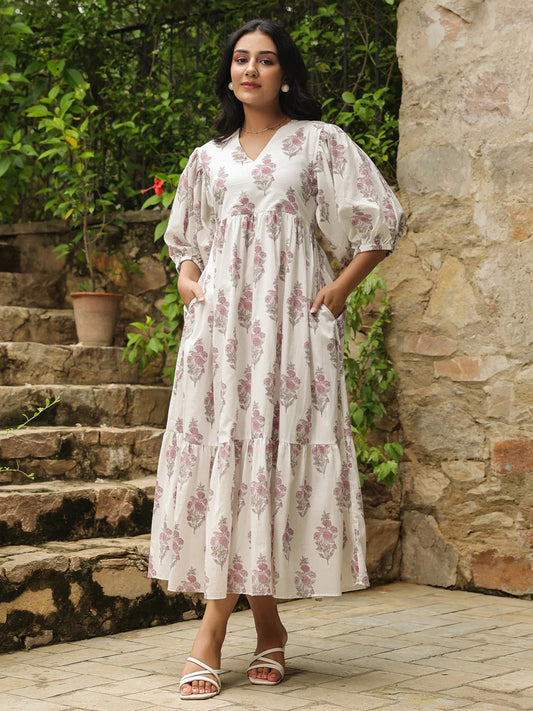 White Printed Cotton Maxi Dress with Three-Quarter Elasticated Sleeves
