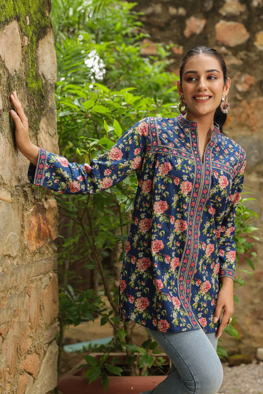 Blue Printed Longline A-Line Top