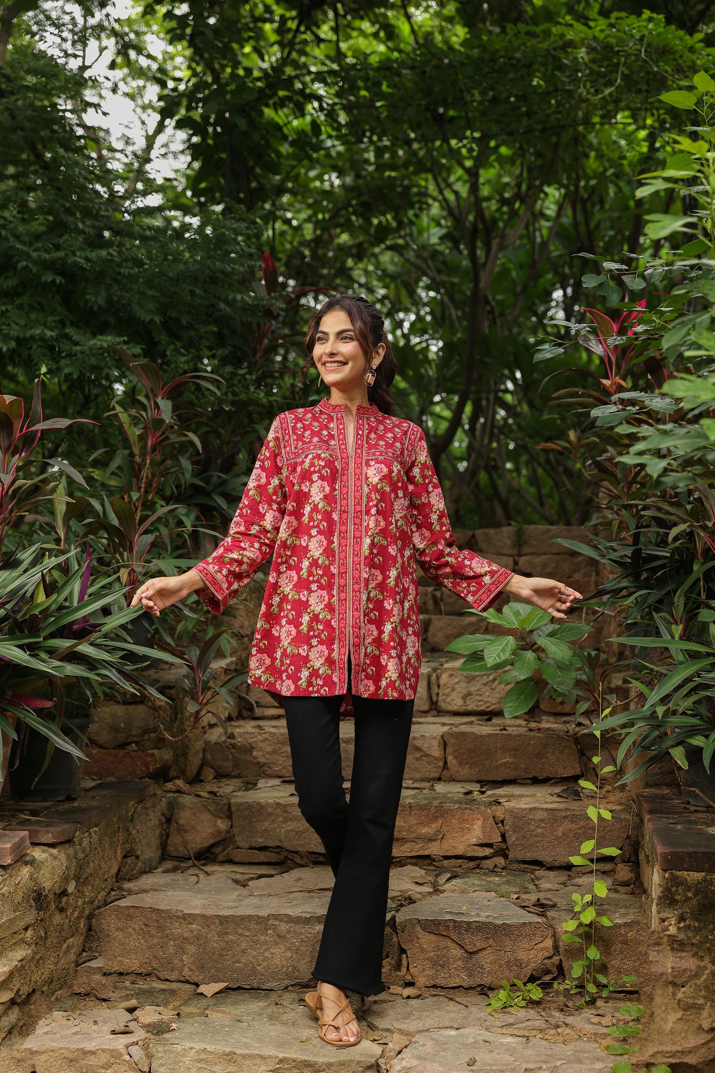 Red Printed Longline A-Line Top