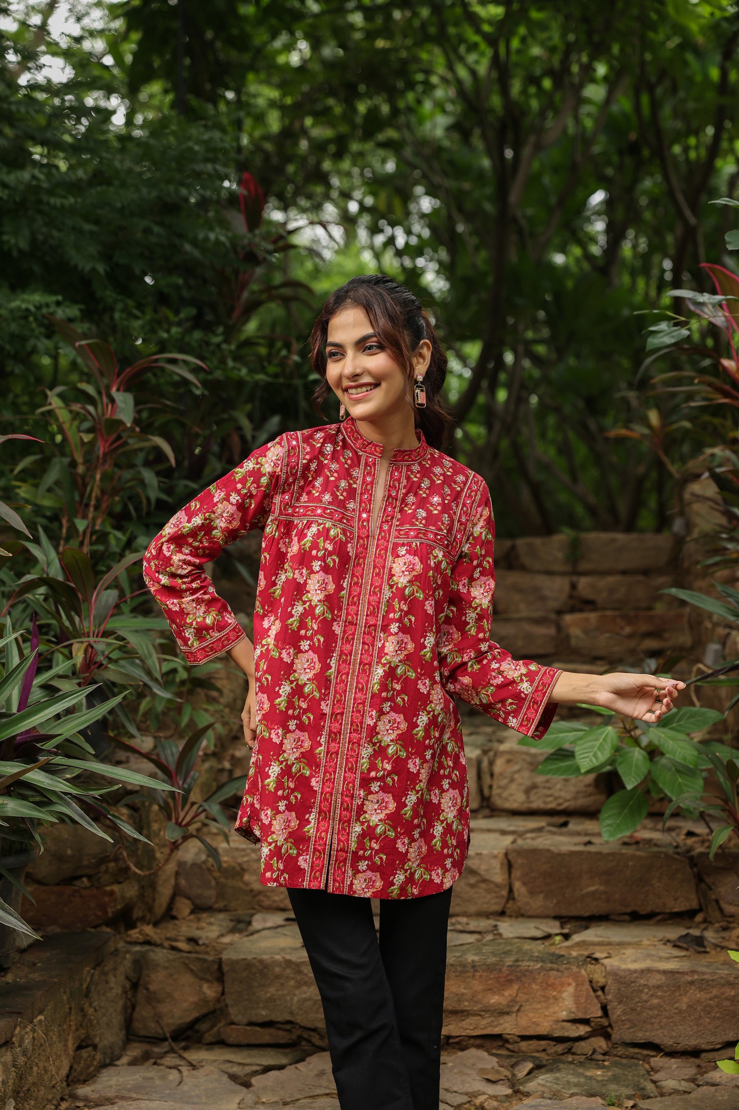 Red Printed Longline A-Line Top