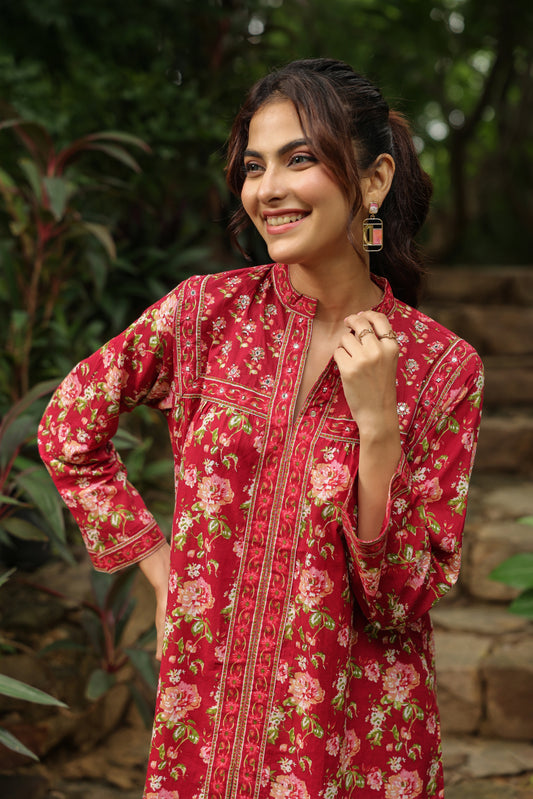 Red Printed Longline A-Line Top
