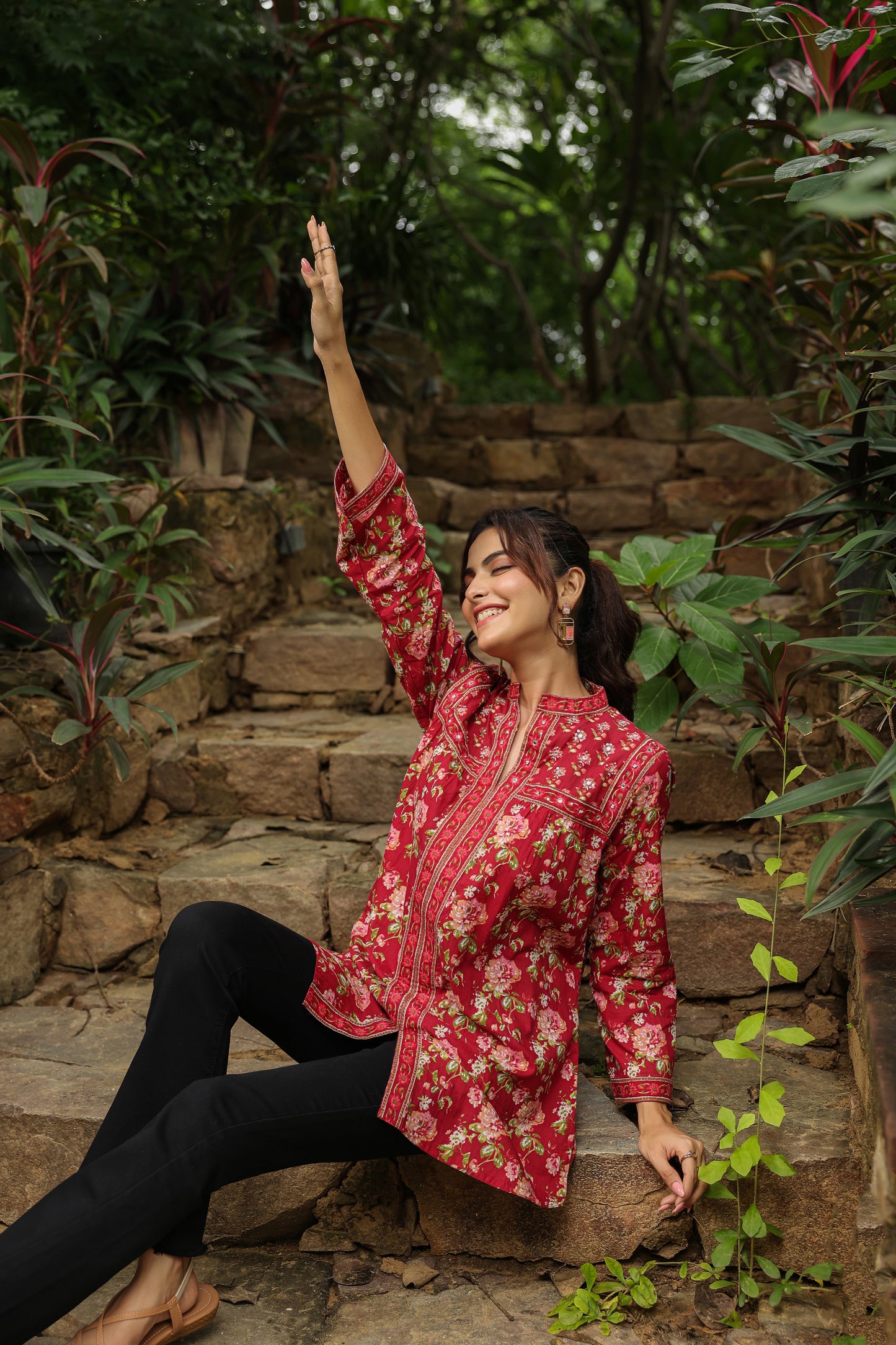 Red Printed Longline A-Line Top