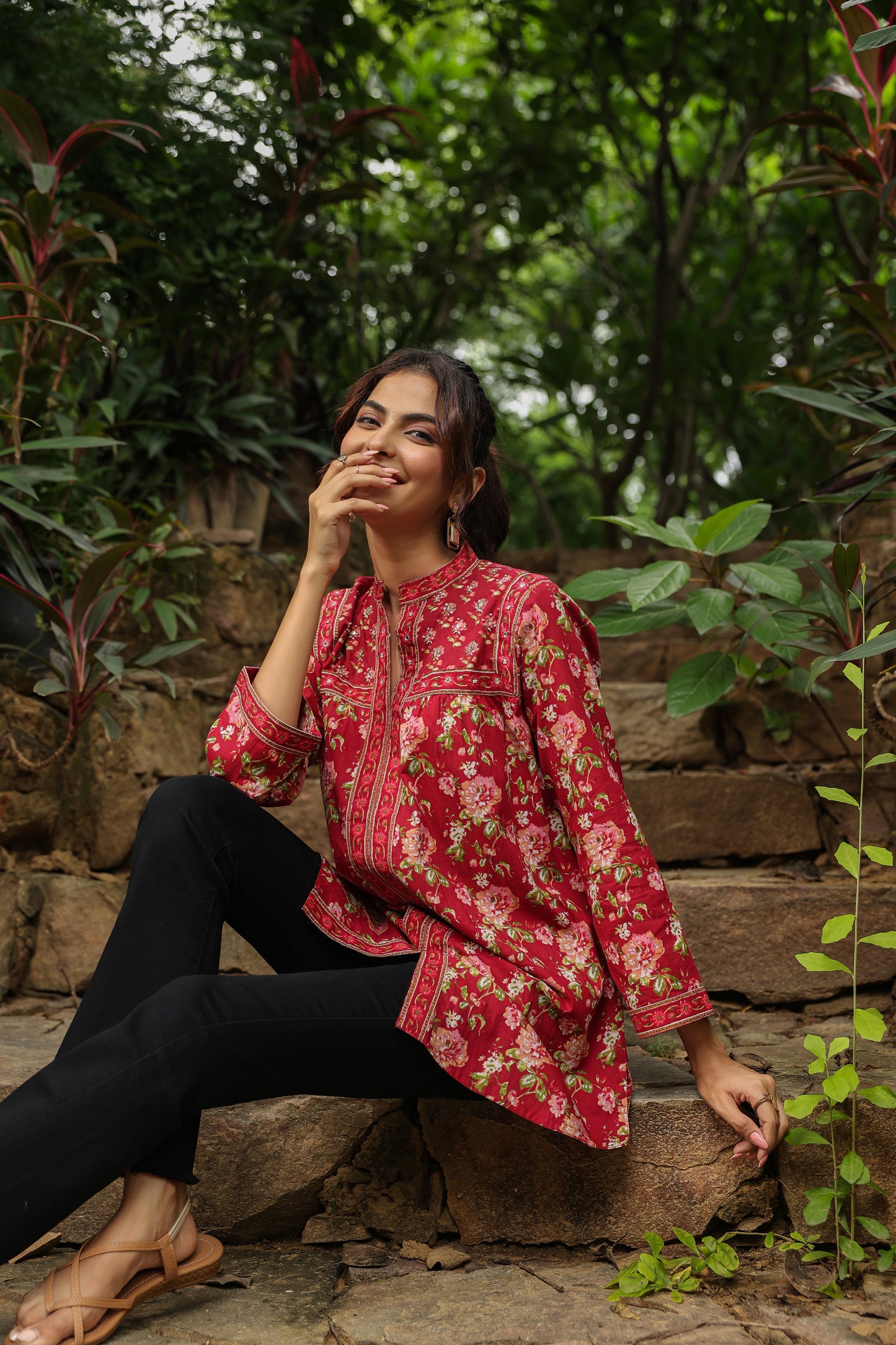 Red Printed Longline A-Line Top