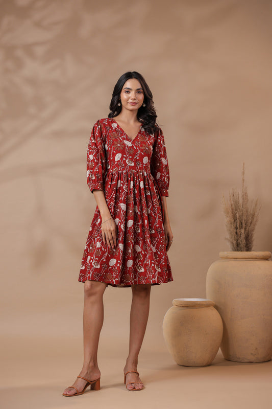 Bagru Printed V-Neck Printed Midi Dress