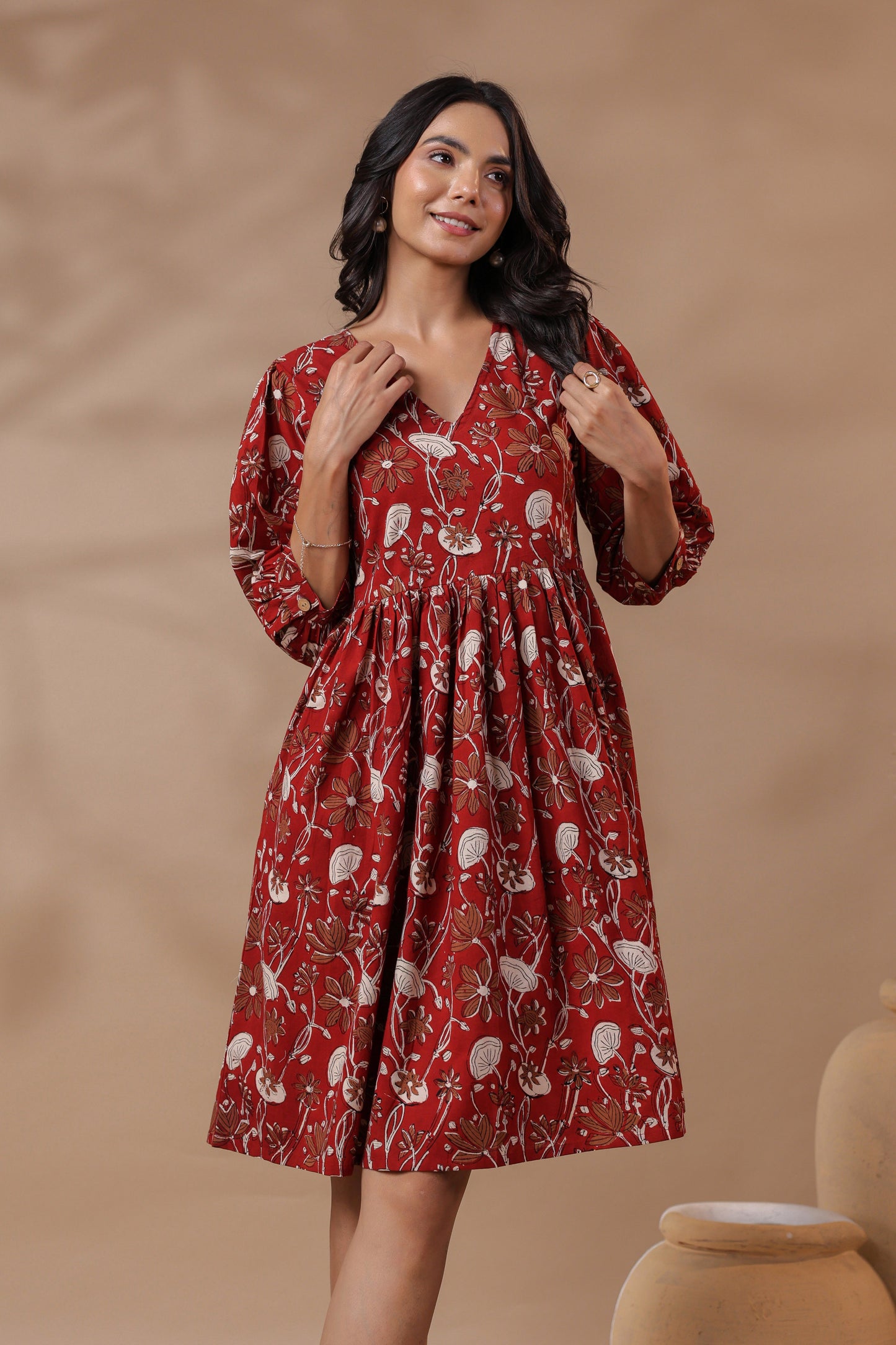 Bagru Printed V-Neck Printed Midi Dress