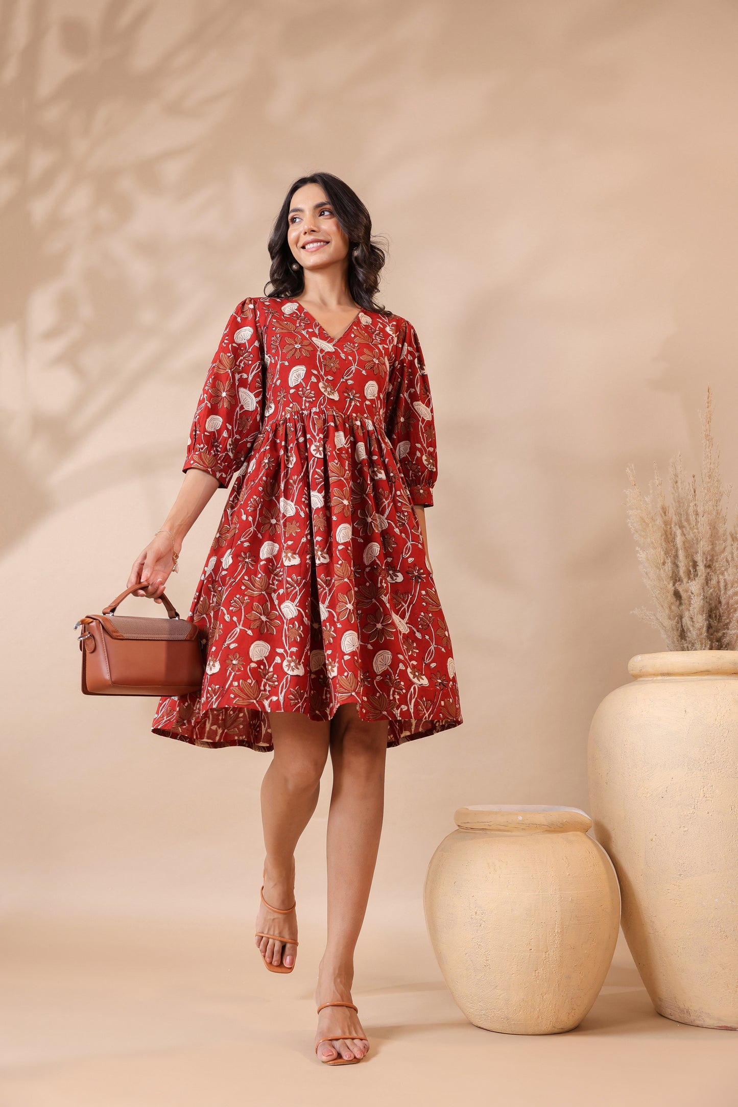 Bagru Printed V-Neck Printed Midi Dress