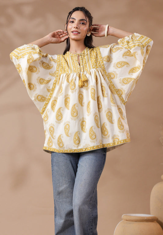 Cream Hand-Block Printed Boho Volume Sleeved Top
