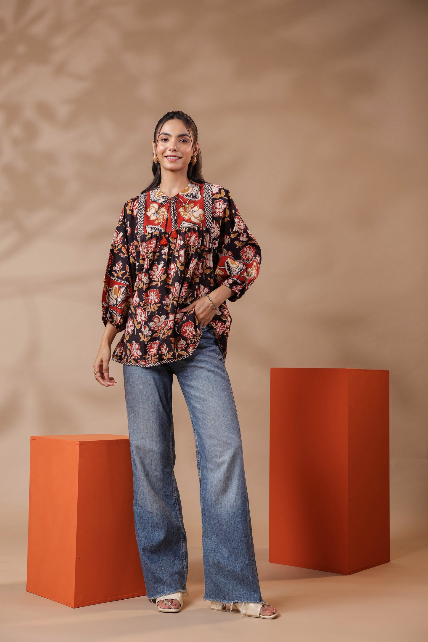 Black Hand-Block Printed Boho Volume Sleeved Top