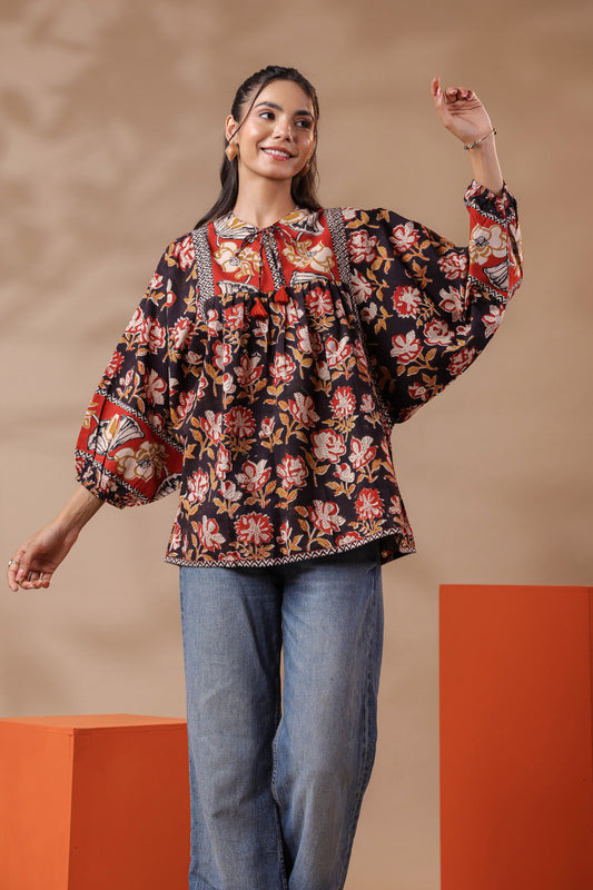 Black Hand-Block Printed Boho Volume Sleeved Top