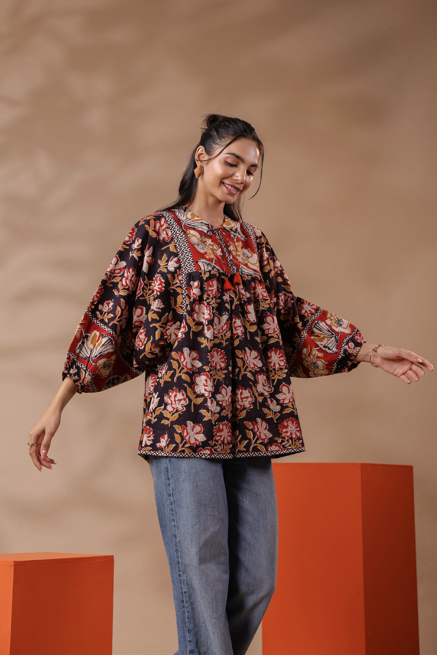 Black Hand-Block Printed Boho Volume Sleeved Top