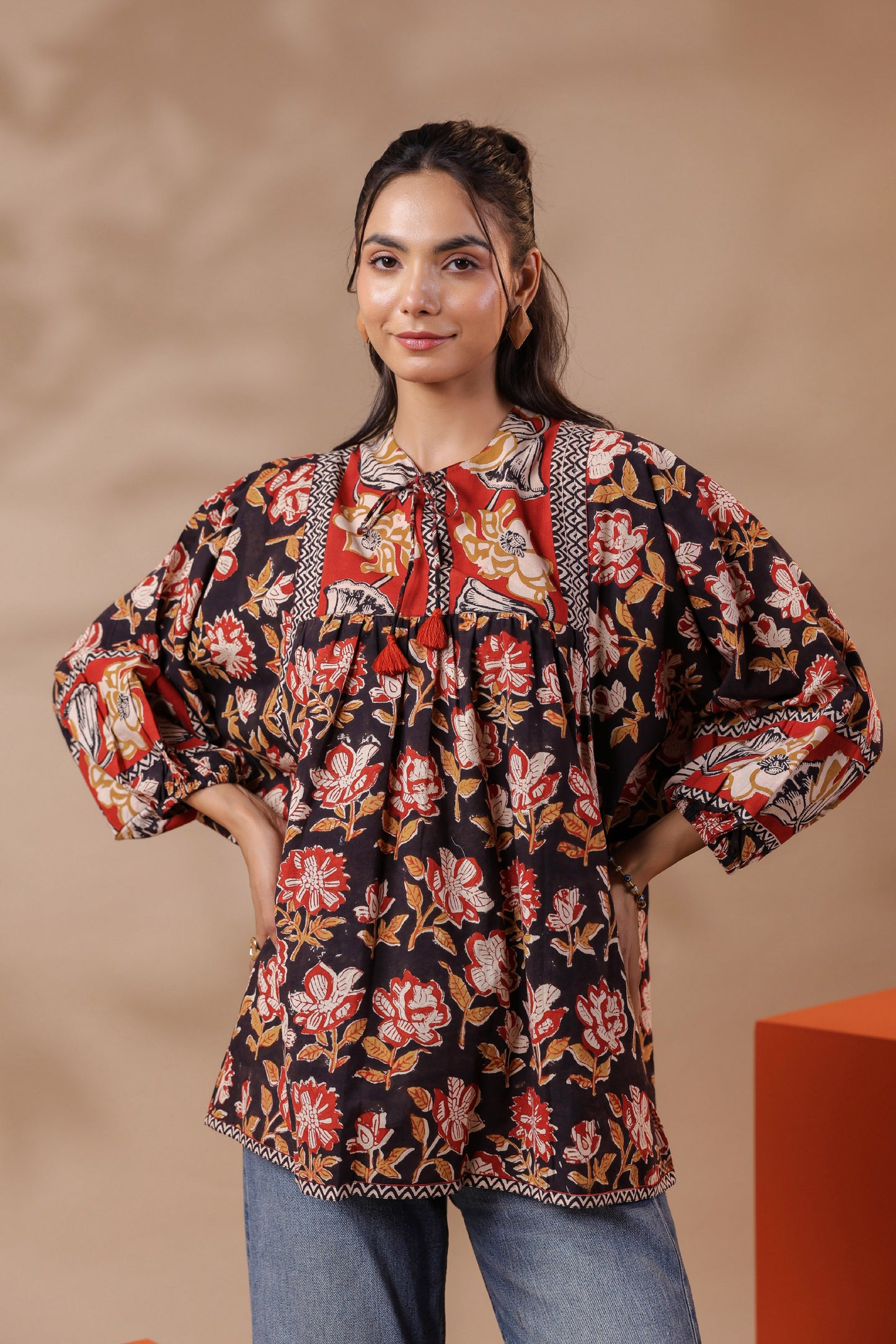 Black Hand-Block Printed Boho Volume Sleeved Top