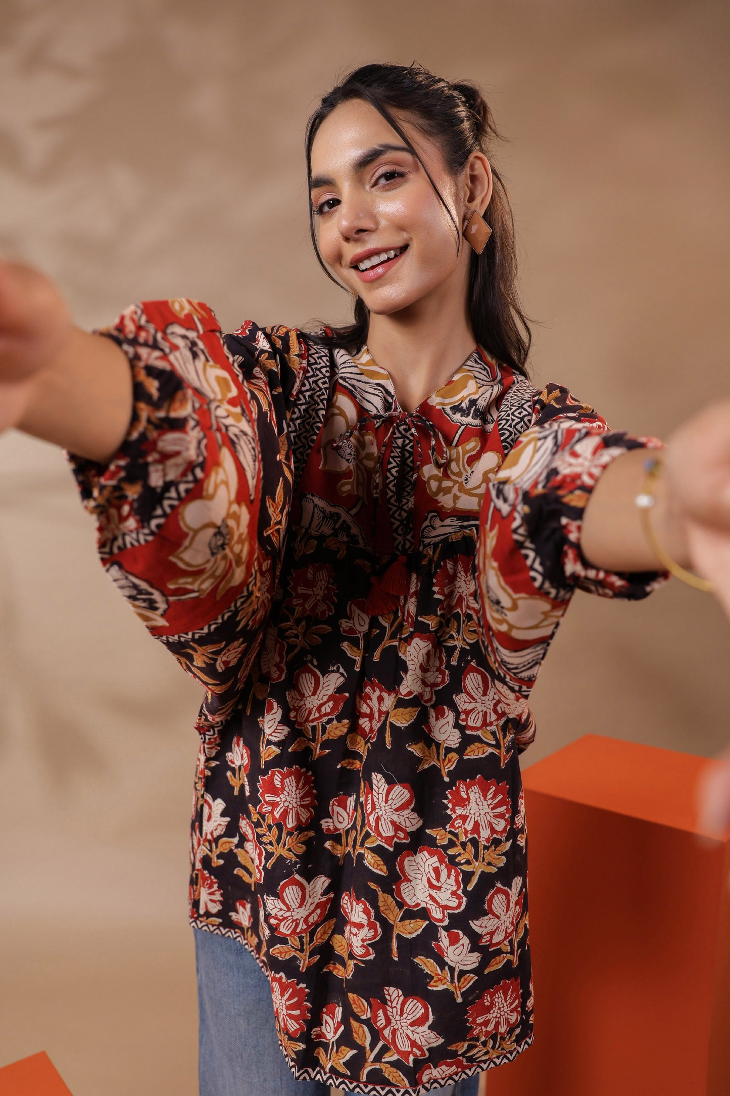 Black Hand-Block Printed Boho Volume Sleeved Top