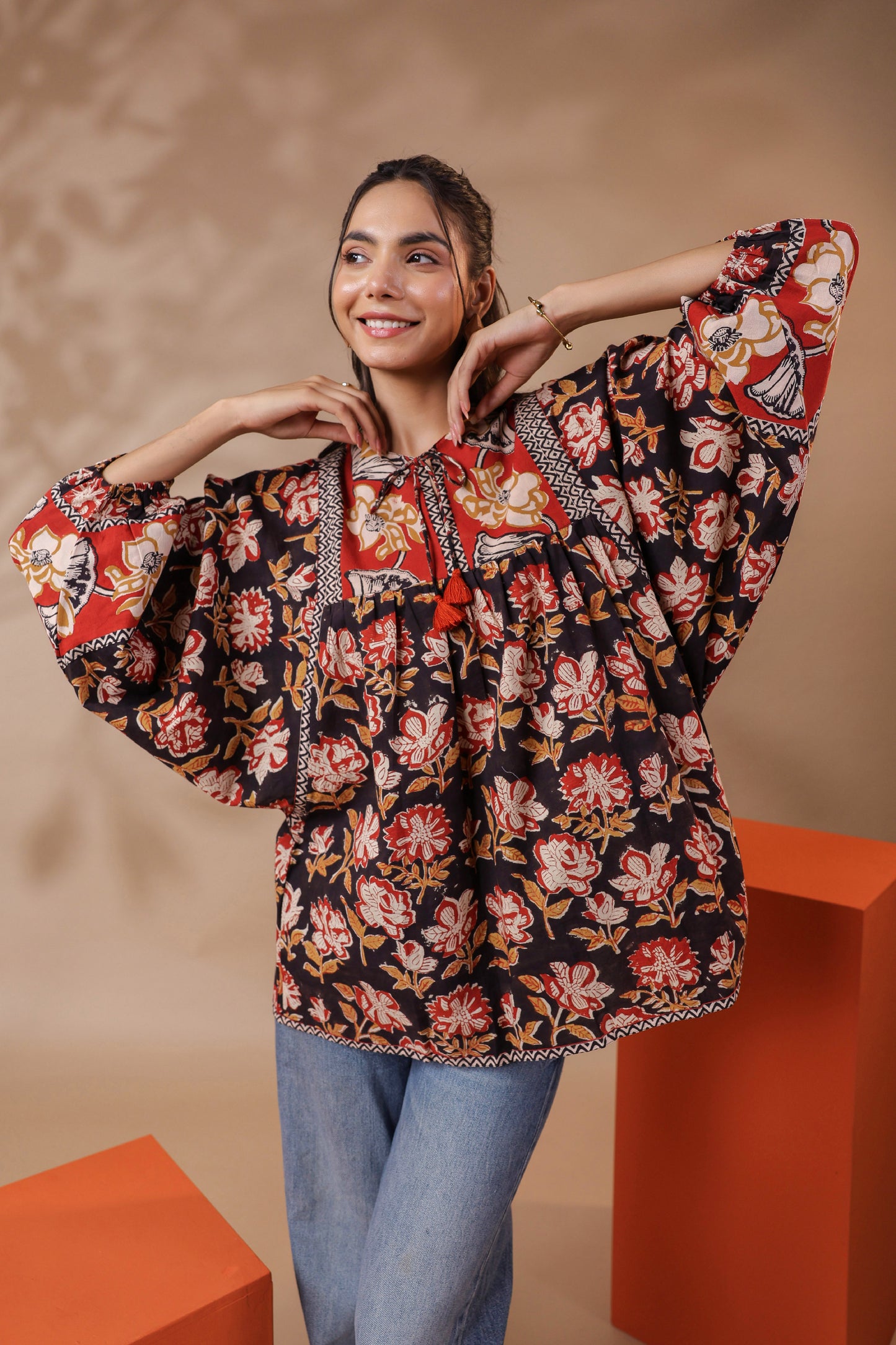 Black Hand-Block Printed Boho Volume Sleeved Top