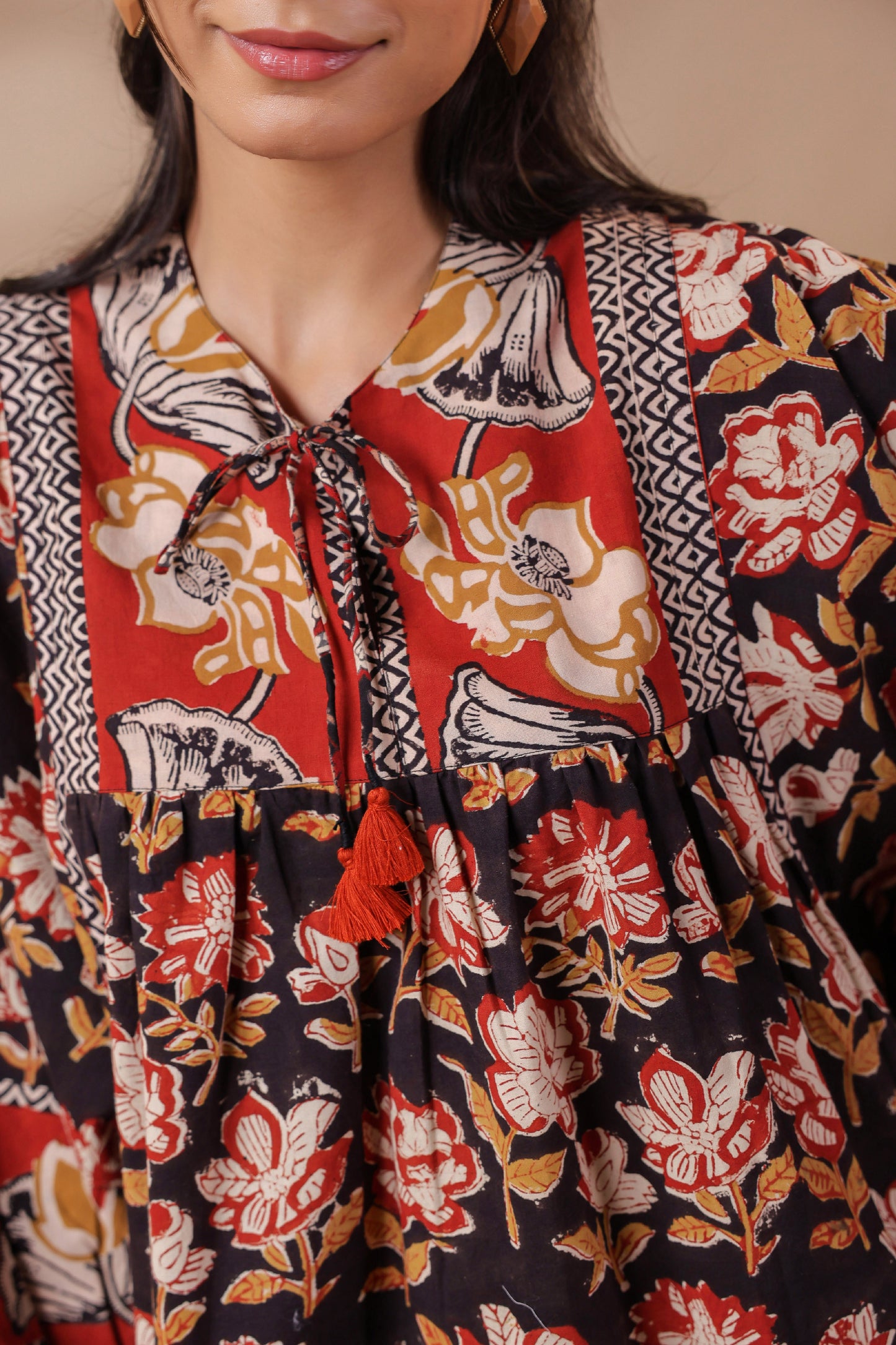 Black Hand-Block Printed Boho Volume Sleeved Top