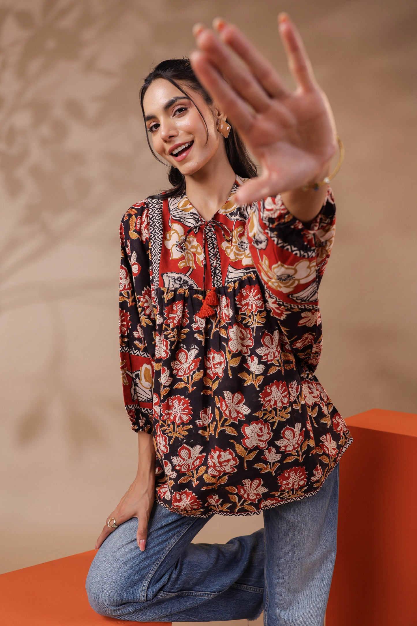 Black Hand-Block Printed Boho Volume Sleeved Top