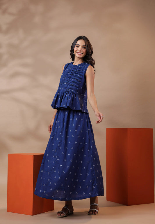 Blue Bandhej Cotton Skirt Co-ord Set